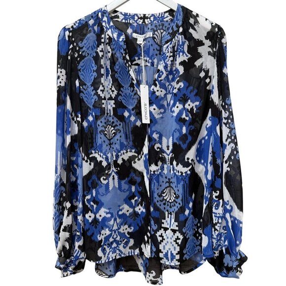 CHICO'S Trapunto Blouse Size 12 / L (Chicos 2) Blue Black Ikat Flowy Chiffon NWT - Picture 1 of 14